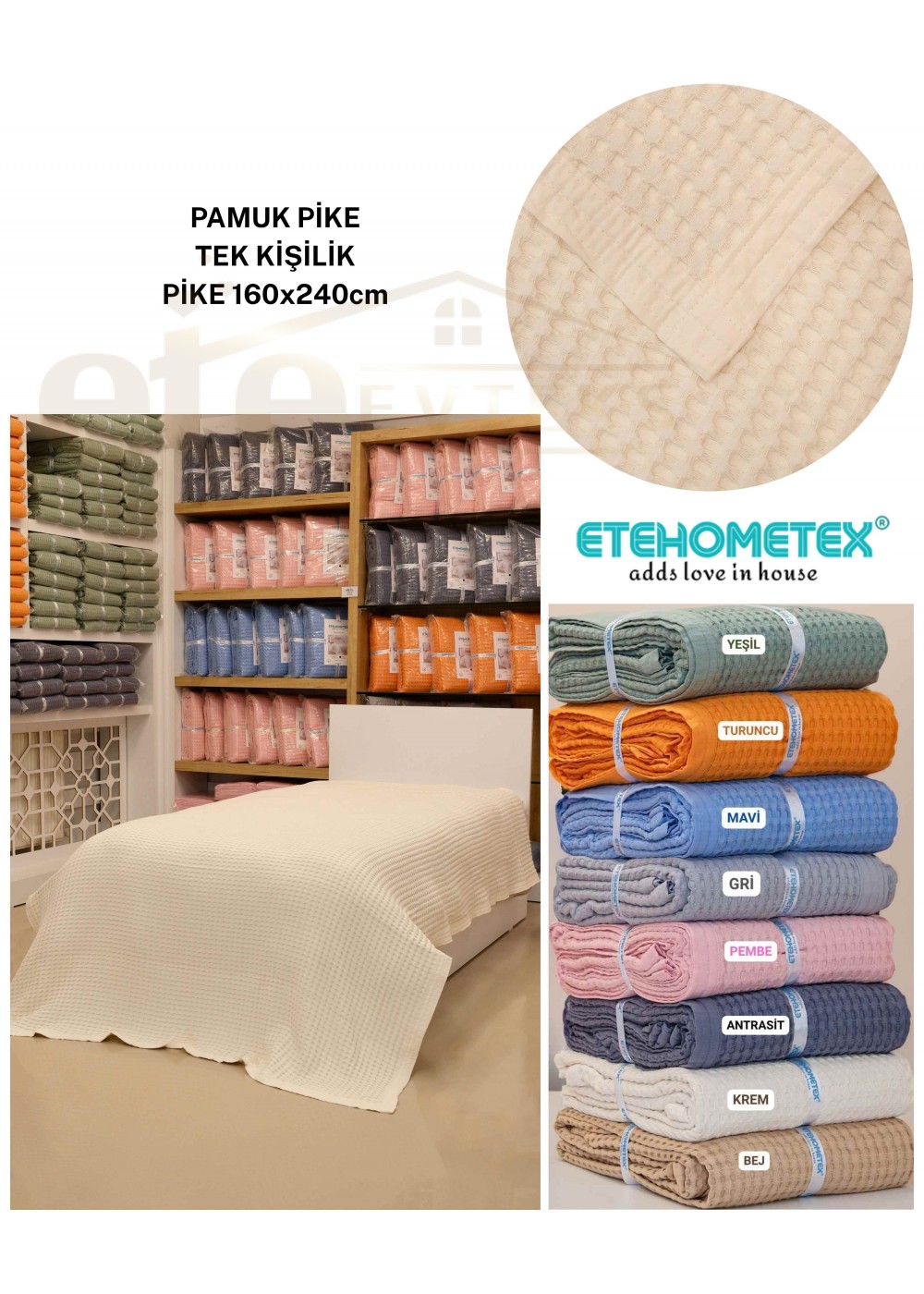 ETEHOMETEX HAVUZLU PİKE TEK KİŞİLİK 160X240CM KREM 8696474232079
